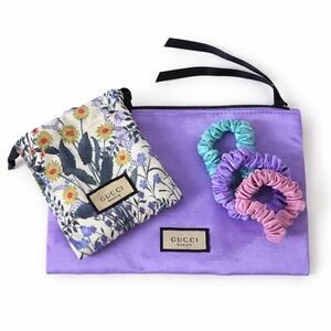 Gucci Beauty Floral Makeup Bag Set Drawstring Pouch, Purple Zip Pouch, Scrunchie